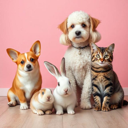Group of pets on a pink background. Dog, cat, dog and rabbit.の素材