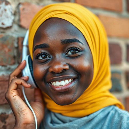 African Muslim woman in hijab listening to music with headphones, smiling.の素材