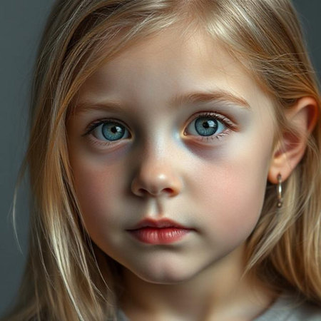 Portrait of a little girl with blond hair and blue eyes.の素材