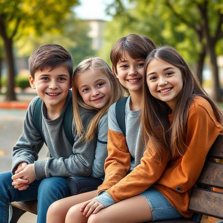 Portrait of a group of smiling children sitting on a bench in the parkの素材