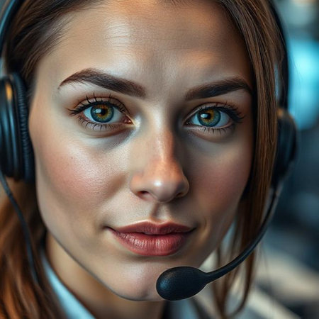 Close up portrait of beautiful young business woman with headset. Call center.の素材