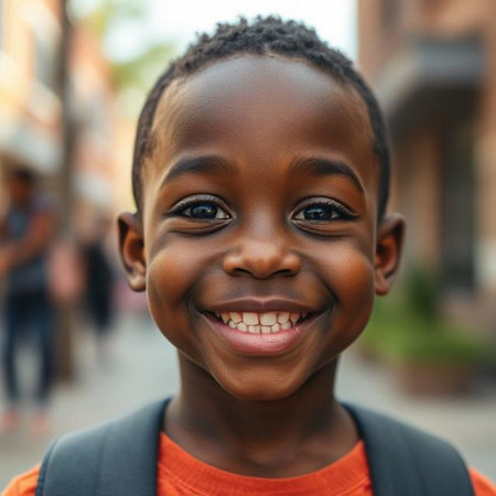 Portrait of a smiling African American boy in the streetの素材