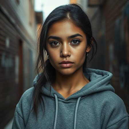 Portrait of young beautiful Asian woman in gray hoodie.の素材