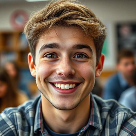 Portrait of a smiling young man in a coffee shop looking at cameraの素材