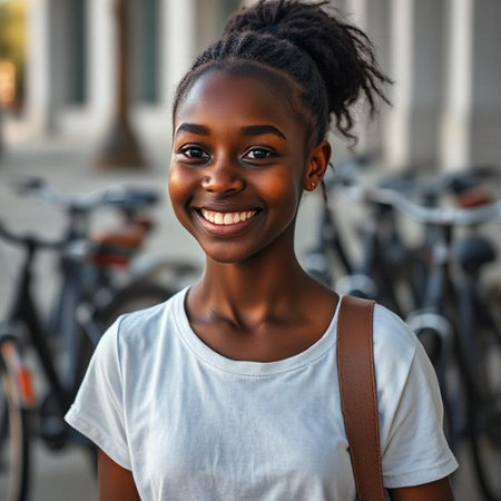 Close up portrait of a smiling young African American woman with bicycleの素材