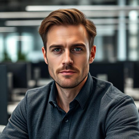 Portrait of handsome young businessman looking at camera while sitting in officeの素材