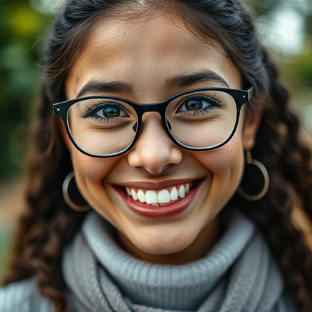 Close up portrait of a smiling young woman wearing eyeglasses outdoorsの素材