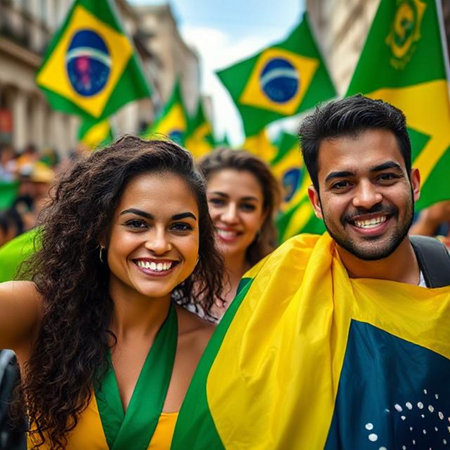 Group of happy friends with brazilian flag waving in the streetの素材