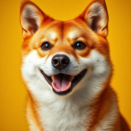 Portrait of a happy shiba inu dog on a yellow backgroundの素材