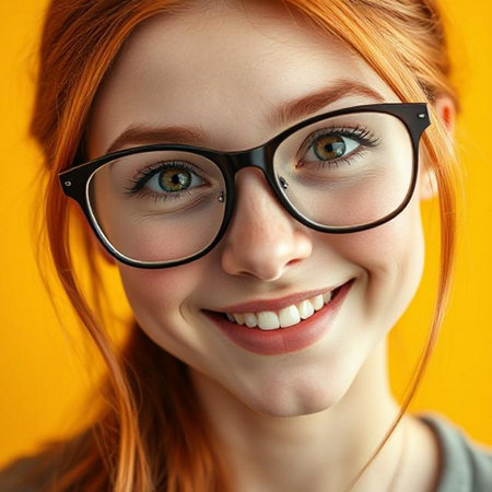 Close up portrait of a smiling young redhead woman in eyeglassesの素材