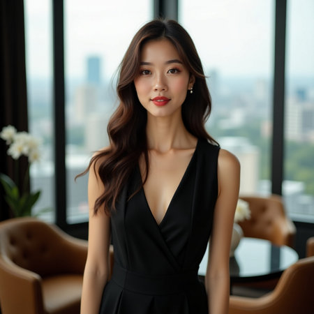 Portrait of beautiful Asian woman with makeup and hairstyle in black dress.の素材