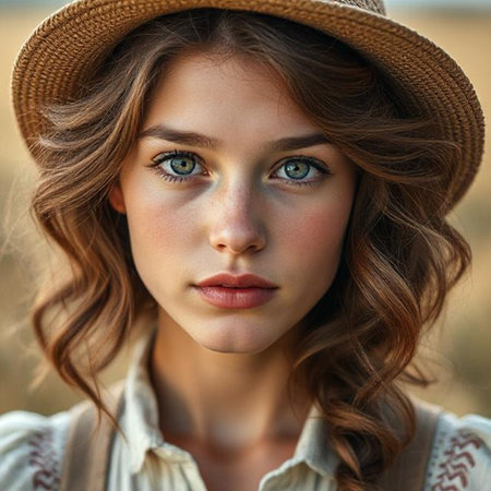 Closeup portrait of a beautiful young woman with curly hair wearing straw hatの素材