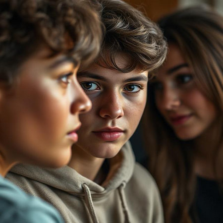 portrait of teenage boy and girl looking at camera with serious expressionの素材
