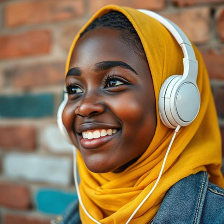 Close up portrait of a beautiful African American woman wearing hijab and listening to music with headphonesの素材