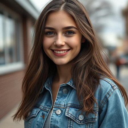 Close up portrait of a beautiful young woman smiling and looking at cameraの素材