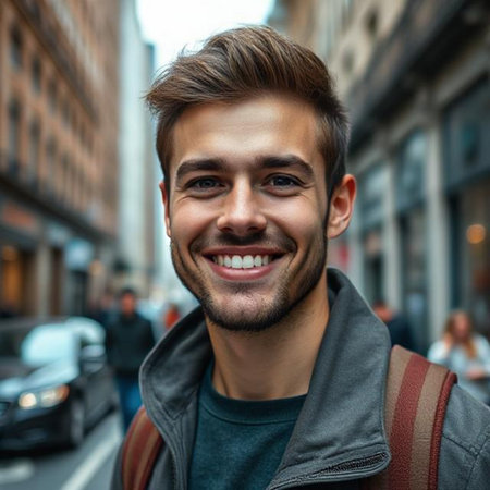 Portrait of a smiling young man on the street in the cityの素材