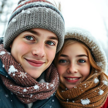 Happy young couple in the winter forest. Close up portrait of a young man and womanの素材