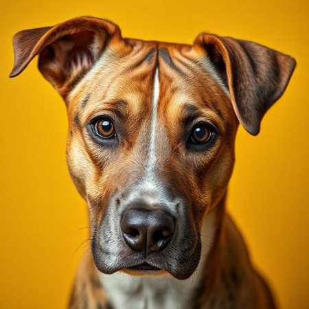 Close-up portrait of a mixed breed dog on a yellow backgroundの素材