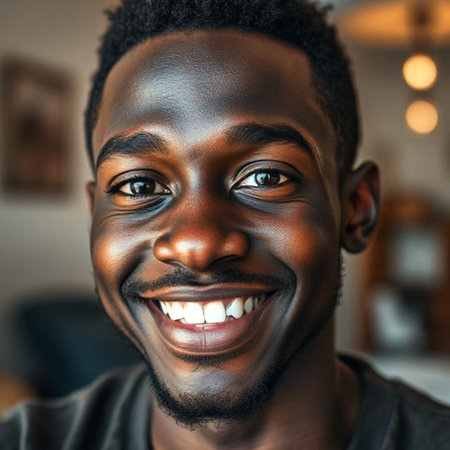 Portrait of a smiling young African American man at home.の素材