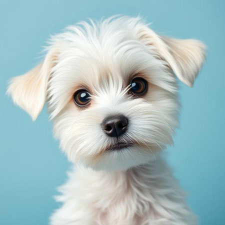 Portrait of a cute Maltese puppy on a blue background.の素材