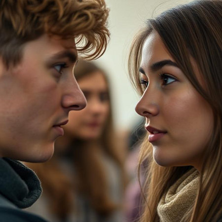 Young man and woman looking at each other, close-up portraitの素材