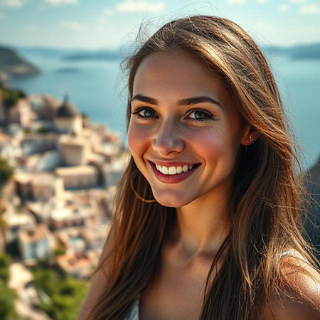 Portrait of a beautiful young woman with long hair smiling at the cameraの素材