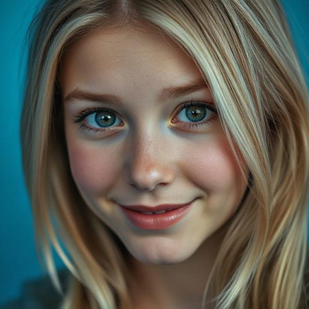 Portrait of a beautiful young girl with blond hair and blue eyesの素材