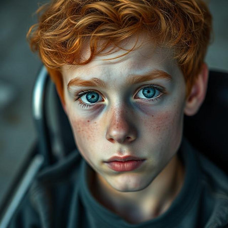 Portrait of a red-haired boy with freckles on his face.の素材