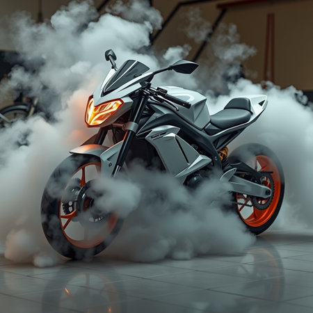 motorcycle on the road in smoke. 3d rendering.の素材