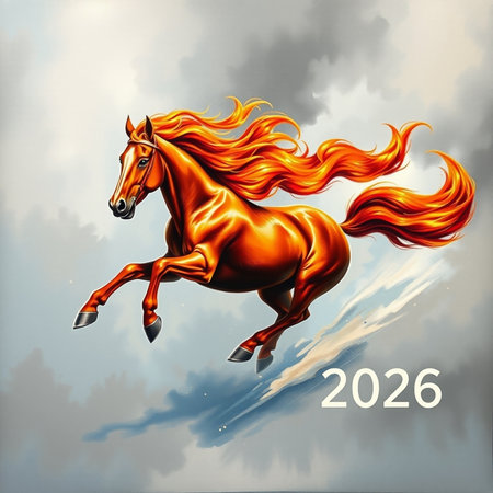 Happy New Year greeting card with horse and clouds. Vector illustration.の素材