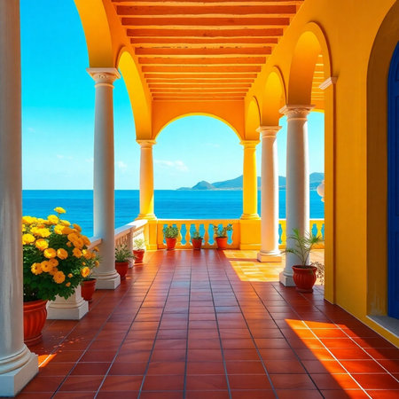 Beautiful Architecture building Exterior with santorini and greece style - Vintage light filterの素材