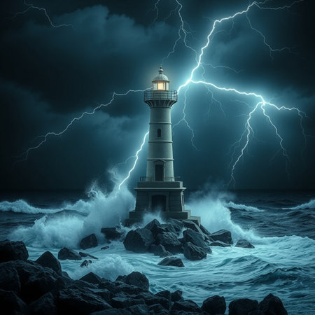 Lighthouse in stormy sea, 3d rendering. Computer digital drawing.の素材