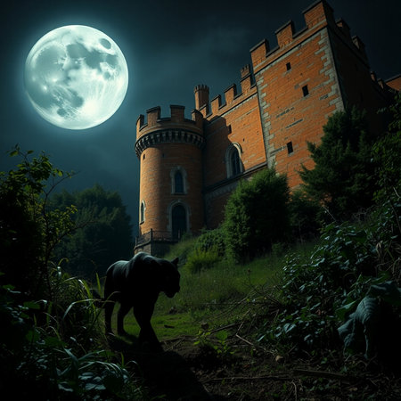 Castle in the forest at night with full moon. 3D renderingの素材