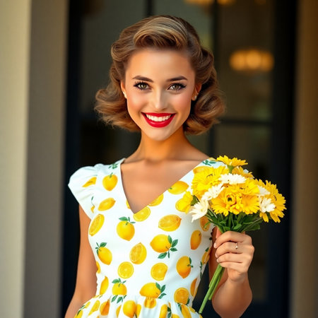 Beautiful girl with a bouquet of flowers in a yellow dressの素材