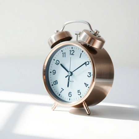 Retro alarm clock on white background with sunbeams and shadowsの素材