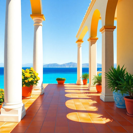Balcony on the background of the sea. Greece, Creteの素材
