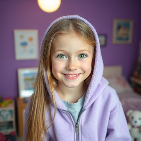 Portrait of cute little girl with blond hair in purple hoodieの素材
