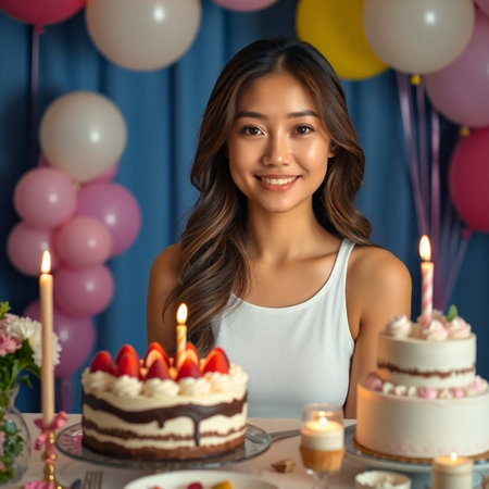 Beautiful young Asian woman celebrating her birthday with cake and balloonsの素材