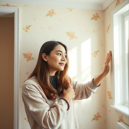 Portrait of a beautiful young Asian woman in home interior.の素材