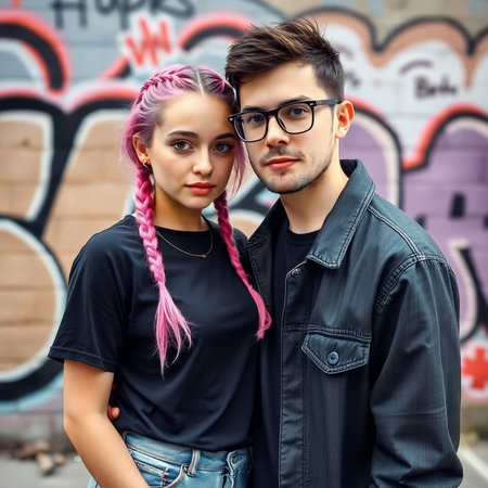Fashionable young couple in hipster style on graffiti background.の素材