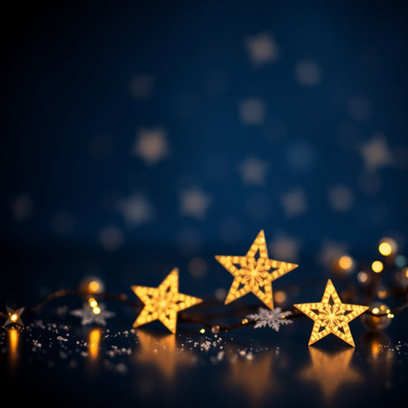 Christmas background with snowflakes, stars and bokeh lightsの素材