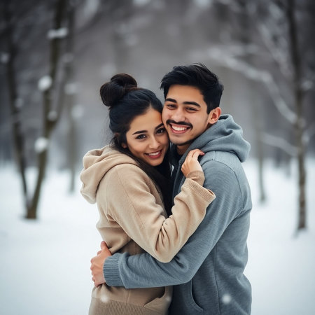 Portrait of a beautiful young couple embracing in the winter forest.の素材