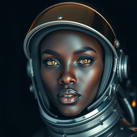 Portrait of a female astronaut in space helmet. 3d renderingの素材