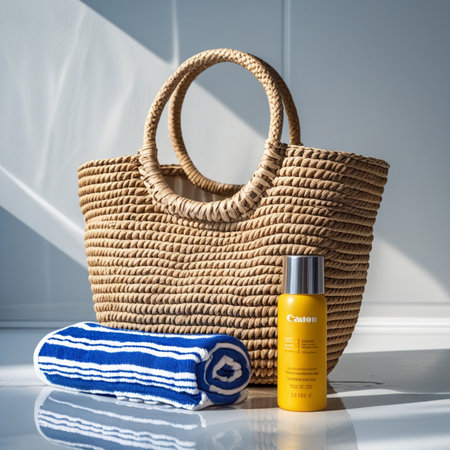 Luxury cosmetic product with a straw bag on a white backgroundの素材