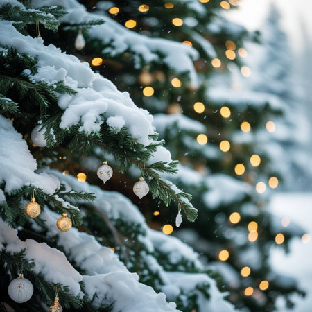 Beautiful christmas tree branches covered with snow and bokeh lightsの素材