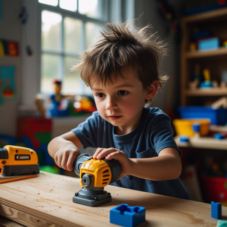 Cute little boy playing with construction tools in the room. Early development.の素材