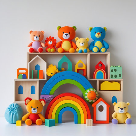 Wooden shelves with toys on white table in children's room.の素材