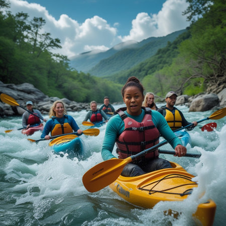 Group of people kayaking on a mountain river in the summer.の素材