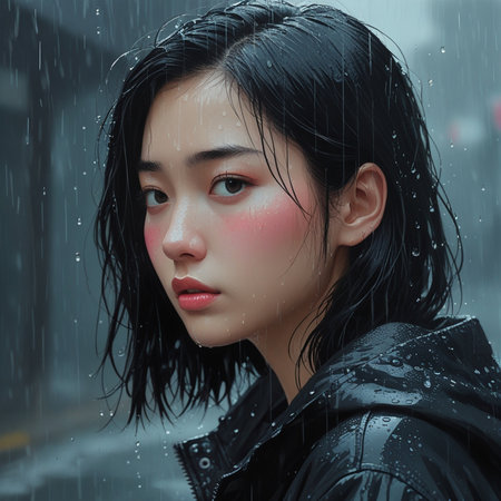 Beautiful young Asian woman in rain. Rainy day.の素材