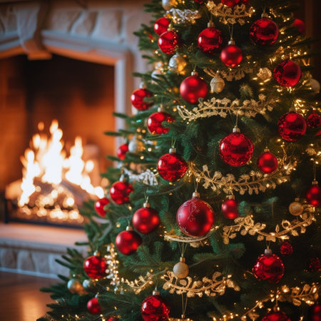 Christmas tree with red balls on the background of a burning fireplace.の素材